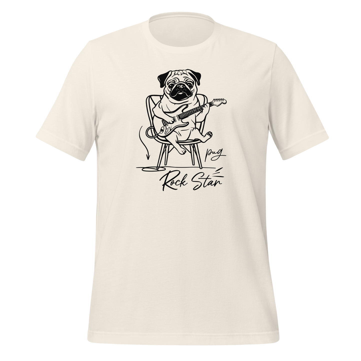 Bright T-shirt with rock star pug and the phrase “Pug Rock Star”.